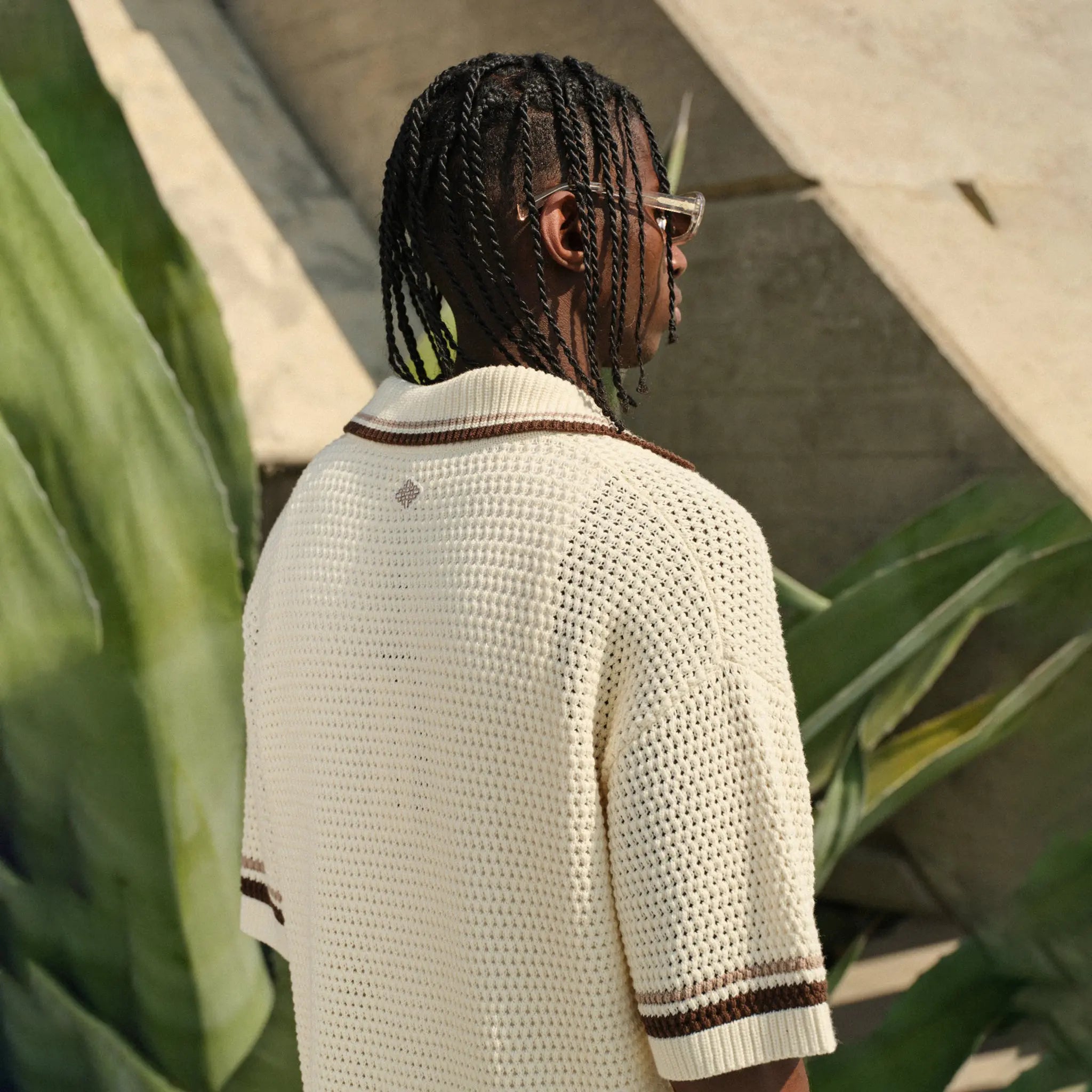 Back Side View of The Couture Club Crochet Knitted Stripe Through Botton Off White Shirt